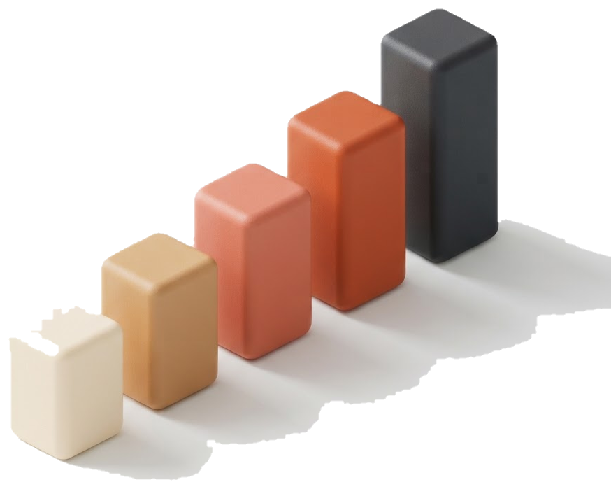 Abstract bar-chart bars rising from cream to charcoal, with the tallest bar in dark charcoal