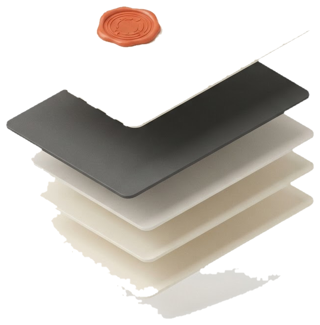 Isometric stack of floating cards, top card bearing a coral wax seal