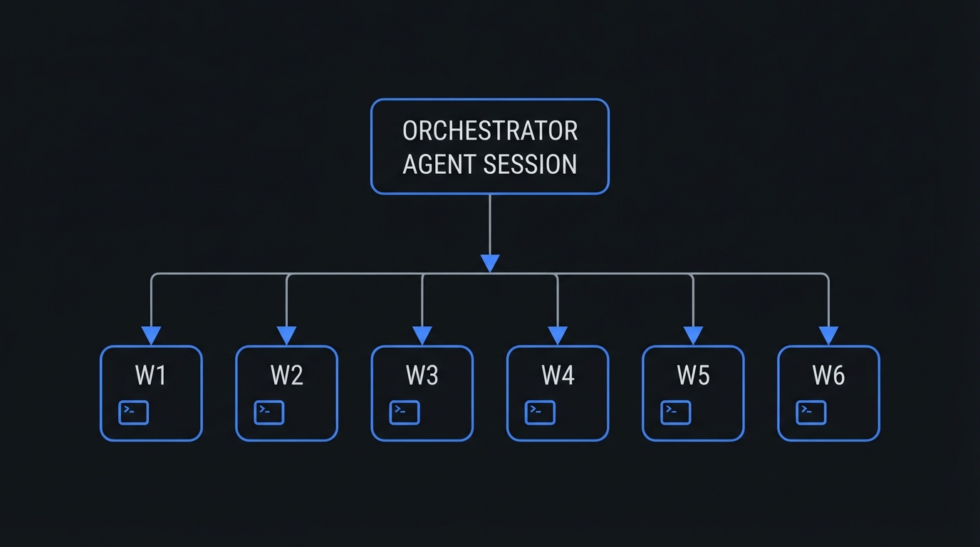 A single orchestrator session fanning out into six parallel worker sessions